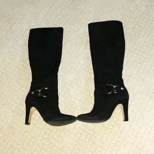 Perfect Antonio Melani Black Suede Knee-High Boots with Buckle and Logo